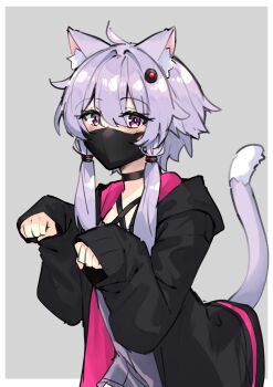 Rule 34 | 1girl, absurdres, animal ear fluff, animal ears, black choker, black jacket, blush, border, cat ears, cat girl, cat tail, choker, commentary request, criss-cross halter, dress, grey background, hair intakes, hair ornament, halterneck, hands up, highres, hood, hood down, hooded jacket, jacket, kemonomimi mode, long hair, long sleeves, looking at viewer, mask, mouth mask, open clothes, open jacket, paw pose, puffy long sleeves, puffy sleeves, purple dress, purple hair, red eyes, sleeves past wrists, solo, tail, vocaloid, voiceroid, white border, yuzuki yukari, zooanime