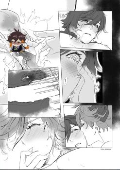 2boys anal_fingering blush censored character_censor cross-section ergogida fingering genshin_impact greyscale highres licking_another&#039;s_cheek monochrome multiple_boys novelty_censor sex slit_pupils tartaglia_(genshin_impact) yaoi zhongli_(genshin_impact)