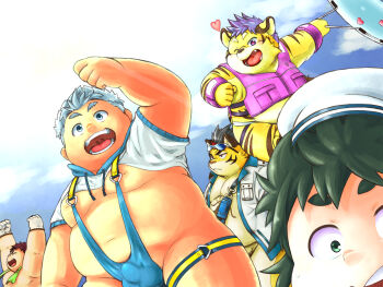 5boys animal_ears bara belly bingo_(tamacolle) black_hair blue_hair blue_sky animal_nose cloud cloudy_sky fangs fat fat_man furry furry_male hashtag-only_commentary heart highres hitachi_(tamacolle) kai_(tamacolle) kawachi_(tamacolle) looking_at_viewer looking_to_the_side looking_up male_focus multiple_boys obese open_mouth purple_hair red_hair sanuki_(tamacolle) shota sky smile swimsuit tamacolle tiger_boy tiger_ears tiger_stripes yasasiibuta