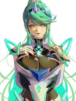 1girl 4me3ba_niku aqua_eyes aqua_hair breasts closed_mouth commentary_request core_crystal_(xenoblade) eyelashes floating_hair high_ponytail highres huge_breasts loose_hair_strand pneuma_(xenoblade) ponytail simple_background smile solo standing straight-on tiara upper_body white_background xenoblade_chronicles_(series) xenoblade_chronicles_2