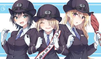 Rule 34 | 3girls, :d, :o, ^ ^, aoi erika, black hair, black jacket, blazer, blonde hair, blue eyes, blue necktie, blush, bowler hat, breasts, clenched hands, closed eyes, collared shirt, diagonal-striped clothes, diagonal-striped necktie, dress shirt, facing viewer, female service cap, flag, gloves, hair between eyes, hair over one eye, hands up, hat, heaven burns red, highres, holding, holding flag, jacket, kayamori ruka, long hair, long sleeves, looking at viewer, lower teeth only, medium breasts, multiple girls, necktie, one eye covered, open mouth, parted lips, purple eyes, puyopiku, sash, shirakawa yuina, shirt, short hair, smile, striped clothes, striped necktie, striped shirt, teeth, upper body, whistle, whistle around neck, white gloves, white shirt