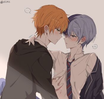 ... 1il5il 2boys aoyagi_touya black_jacket blazer blonde_streaks blue_hair blue_jacket blue_pants blush closed_mouth collared_shirt commentary_request crossed_bangs diagonal-striped_clothes diagonal-striped_necktie eye_contact face-to-face from_side green_eyes grey_background grey_eyes hair_between_eyes hand_on_another's_neck highres hood hood_down hooded_jacket jacket kamiyama_high_school_uniform_(project_sekai) korean_commentary lapels long_sleeves looking_at_another male_focus mole mole_under_eye multicolored_hair multiple_boys necktie notched_lapels off_shoulder open_clothes open_jacket orange_hair pants parted_lips profile project_sekai school_uniform shinonome_akito shirt short_hair sidelocks simple_background split-color_hair spoken_blush spoken_ellipsis streaked_hair striped_clothes striped_necktie sweat twitter_username two-tone_hair upper_body white_shirt yaoi