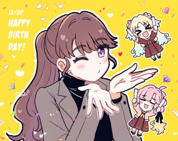 >_< 3girls :3 :d anyoji_hime arms_up black_sweater blowing_kiss blush brown_dress brown_hair chibi chibi_inset commentary_request crying dress fang fujishima_megumi fujishima_megumi_(post-graduation) glowstick grey_jacket hasu_no_sora_school_uniform heart highres holding holding_glowstick jacket link!_like!_love_live! long_hair long_sleeves looking_at_viewer love_live! medium_dress multiple_girls neckerchief open_clothes open_jacket open_mouth osawa_rurino penlight_(glowstick) pixel_heart pleated_dress ponytail purple_eyes red_neckerchief sailor_collar sailor_dress school_uniform simple_background skin_fang smile streaming_tears suit_jacket sweater tears turtleneck turtleneck_sweater virtual_youtuber watage_modoki white_sailor_collar winter_uniform xd yellow_background yellow_neckerchief