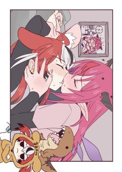 2girls animal_ears black_shirt black_streaks blush closed_eyes commentary dinosaur_costume ear_blush earclip energy_wings english_commentary french_kiss hakos_baelz halo hand_on_another&#039;s_face highres holding_hands hololive hololive_english hood hoodie horns irys_(hololive) kiss layered_sleeves long_hair long_sleeves mouse_ears multiple_girls pink_hair pink_nails pink_shirt pointy_ears ramphastostella red_hair shirt short_over_long_sleeves short_sleeves tongue tongue_out virtual_youtuber white_streaks yellow_hoodie yellow_nails yuri