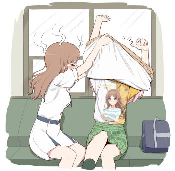 2girls anglediana arms_up bag bang_dream! bang_dream!_it&#039;s_mygo!!!!! belt blue_belt blush breasts brown_hair chihaya_anon chinese_commentary commentary_request dress embarrassed green_skirt haneoka_school_uniform highres long_hair medium_breasts multiple_girls nagasaki_soyo puffy_short_sleeves puffy_sleeves school_bag school_uniform short_sleeves skirt tsukinomori_school_uniform undressing_another white_dress