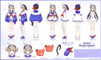 1girl absurdres amanogawa_shiina amanogawa_shiina_(sailor) animal_bag beret black_hat blonde_hair blue_eyes blue_jacket blue_sailor_collar blue_shoes center_frills character_name colored_inner_hair commentary copyright_name copyright_notice crocs double_bun dress english_commentary frills hair_bun hair_ribbon hat highres jacket long_hair loose_socks multicolored_hair multiple_views neckerchief official_alternate_hairstyle phase_connect red_neckerchief reference_sheet ribbon sailor_collar scissors_hair_ornament second-party_source shoes short_dress short_hair sleeves_past_wrists socks virtual_youtuber white_dress white_ribbon white_socks yuuki_hagure