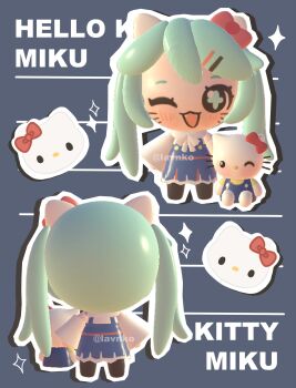 3d aqua_hair bow cat cat_girl chibi chibi_only commentary dress english_text eyelashes facial_mark fangs hair_bow hatsune_miku hello_kitty hello_kitty_(character) highres lavy_(lavnko) long_hair one_eye_closed open_mouth sanrio smile sparkle very_long_hair vocaloid whisker_markings