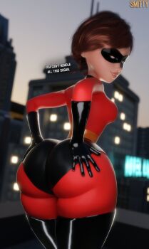 1girl 3d artist_name ass ass_focus black_gloves black_mask black_thighhighs breasts brown_eyes brown_hair commentary curvy elastigirl english_commentary english_text from_behind gloves helen_parr highres huge_ass large_breasts looking_at_viewer mask mature_female medium_hair outdoors smile smitty solo superhero_costume the_incredibles thick_thighs thighhighs thighs wide_hips
