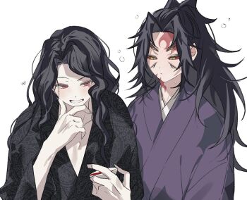 1boy 1girl black_hair black_kimono collarbone colored_sclera hand_up high_ponytail japanese_clothes kibutsuji_muzan kibutsuji_muzan_(female) kimetsu_no_yaiba kimono kokushibou long_hair ponytail purple_kimono red_eyes red_sclera sal_gun simple_background smile spiked_hair sweatdrop teeth very_long_hair white_background yellow_eyes