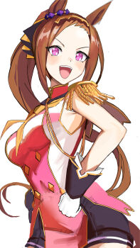 1girl absurdres animal_ears asymmetrical_gloves black_gloves black_shorts blush breasts brown_hair ear_ornament epaulettes flower_in_eye franz2543 gloves gold_hairband hairband highres horse_ears horse_girl horse_tail long_hair looking_at_viewer medium_breasts mismatched_gloves neckerchief open_mouth ponytail purple_eyes sakura_bakushin_o_(blossom_in_learning)_(umamusume) sakura_bakushin_o_(umamusume) shirt shorts simple_background single_epaulette sleeveless smile solo symbol_in_eye tail teeth umamusume upper_teeth_only white_background white_gloves yellow_neckerchief