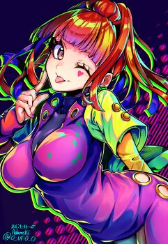 Rule 34 | 1girl, adamusuki, bodysuit, brown eyes, brown hair, closed mouth, cowboy shot, eyelashes, facial mark, gnosia, hair bun, heart, heart facial mark, highres, one eye closed, purple bodysuit, smile, solo, sq (gnosia), tongue, tongue out