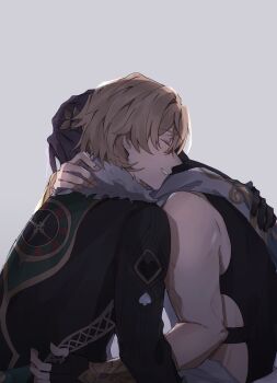 2boys aventurine_(honkai:_star_rail) bare_arms blonde_hair brown_hair closed_eyes clothing_cutout coat dr._ratio_(honkai:_star_rail) fur_scarf gloves grin hand_on_back highres honkai:_star_rail honkai_(series) hug male_focus multiple_boys shirt short_hair side_cutout simple_background smile upper_body white_background yaoi yuto_2153_19