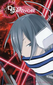 1boy absurdres city copyright_name devil_survivor_(series) devil_survivor_1 grey_eyes grey_hair headphones highres holding holding_mp3_player male_focus mp3_player official_art photoshop_(medium) protagonist_(devil_survivor) scan scarf solo third-party_source yasuda_suzuhito