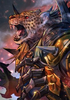 1boy armor_king from_side gauntlets hungry_clicker jaguar male_focus mask red_eyes shoulder_pads shoulder_spikes solo spikes tekken tekken_8 upper_body