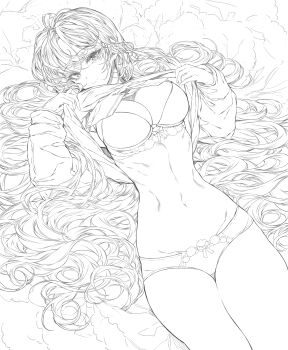 1girl absurdres bow bow_panties breasts cleavage clothes_lift greyscale groin hair_spread_out highres kapa19 large_breasts long_hair looking_at_viewer lying monochrome on_back original panties ribs self_exposure shirt_lift smile solo thigh_gap thighs underwear very_long_hair