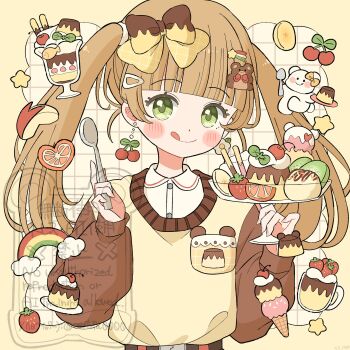 1girl :q blonde_hair blunt_bangs blush_stickers border bow brown_bow brown_sleeves cherry closed_mouth collared_shirt commentary cup earrings eeppa food fruit green_eyes grid_background hair_bow highres ice_cream jewelry long_hair long_sleeves looking_at_viewer orange_(fruit) orange_slice original outside_border parfait pocky pocky_strawberry pudding rainbow shirt smile solo strawberry sweater symbol-only_commentary tongue tongue_out twintails twitter_username two-tone_bow upper_body watermark white_background white_shirt yellow_border yellow_bow yellow_sweater