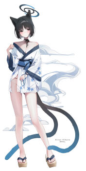 1girl alternate_costume animal_ears blue_archive blue_halo breasts cat_ears cat_tail character_name cleavage colored_inner_animal_ears full_body gradient_tail halo highres kikyou_(blue_archive) multiple_tails s0104y solo tail twitter_username two_tails