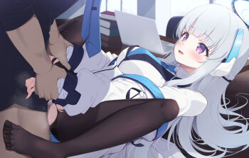 1boy 1girl black_pantyhose blue_archive blue_necktie formal_clothes halo headgear hetero jacket lying m_legs mechanical_halo miso_(misomiso_154) necktie no_shoes noa_(blue_archive) on_back on_table pantyhose purple_eyes sex smile solo_focus spread_legs suit table torn_clothes torn_pantyhose vaginal white_hair white_halo white_jacket white_suit