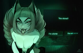 1girl absurdres animal_ear_fluff animal_ears artist_name blunt_bangs breasts cleavage commentary dialogue_box dialogue_options drill_hair elbow_gloves english_commentary english_text fang fox_ears fox_girl fox_tail gloves green_theme heart heart_in_eye highres large_breasts long_sleeves looking_at_viewer maewix_(artist) mole mole_under_eye night_vision nipples no_i&#039;m_not_a_human nude open_mouth original parody shaya_(maewix) smile solo symbol_in_eye tail tongue tongue_out twin_drills v-shaped_eyebrows