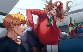 1boy 1girl animal_ears antlers black_shirt blonde_hair blue_skirt bottle breasts brown_hair brown_pantyhose commentary deer_antlers deer_ears deer_girl eigaka english_commentary gigantic_breasts hat highres horns jacket one_eye_closed original pantyhose purple_eyes red_hat red_jacket shirt short_hair skirt travel_attendant