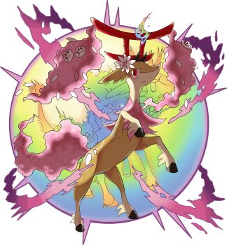 absurdres animal_focus backlighting cherry_blossoms closed_mouth deer fakemon flower full_body hair_flower hair_ornament highres hyshirey looking_to_the_side mega_evolution mega_pokemon nintendo no_humans official_style original petals pokemon rearing red_eyes sideways_mouth solo standing transparent_background white_flower