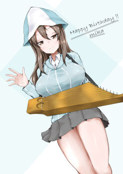 1girl absurdres arms_behind_back black_skirt blue_background blue_hat blue_jacket breasts brown_eyes brown_hair closed_mouth commentary cowboy_shot feet_out_of_frame girls_und_panzer gradient_background hat highres instrument jacket kantele keizoku_school_uniform large_breasts long_hair long_sleeves looking_at_viewer mika_(girls_und_panzer) military_uniform pleated_skirt raglan_sleeves rareoil_birth school_uniform shirt simple_background skirt smile solo standing track_jacket tulip_hat white_shirt