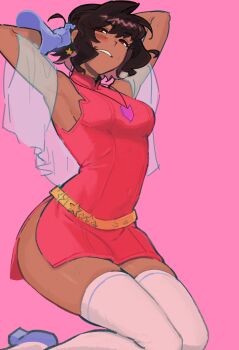 1girl absurdres armpits arms_behind_head belt black_hair blush breasts covered_navel dark-skinned_female dark_skin genderswap genderswap_(mtf) gloves highres jewelry kotobukiya kotobukiya_bishoujo liowig medium_breasts necklace short_hair simple_background solo starscream starscream_(kotobukiya_bishoujo) sweat thighhighs thighs transformers transformers:_generation_1