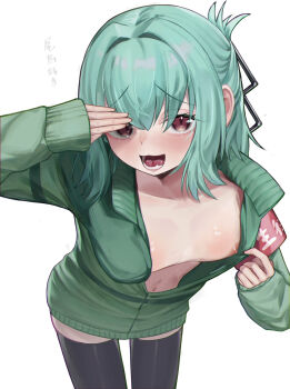 1boy absurdres black_thighhighs commentary_request green_hair green_jacket highres jacket lechiennoir long_sleeves looking_at_viewer male_focus male_with_breasts nipples open_mouth otori_tan red_eyes salute seitokai_ni_mo_ana_wa_aru! simple_background solo standing thighhighs trap white_background