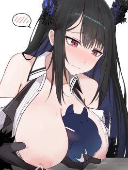 1girl absurdres between_breasts black_gloves black_hair blue_hair breasts breasts_out canvas_sensei closed_mouth commentary demon_horns english_commentary face_between_breasts gloves head_between_breasts highres hololive hololive_english horns jailbird_(nerissa_ravencroft) lactation large_breasts long_hair mole mole_under_eye multicolored_hair nerissa_ravencroft nipples open_clothes open_shirt red_eyes simple_background spoken_blush two-tone_hair very_long_hair virtual_youtuber white_background