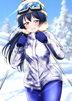 1girl absurdres blue_hair blue_mittens blue_pants blurry blurry_background blush breath commentary_request cowboy_shot day floating_hair goggles goggles_on_headwear grin half-closed_eyes highres holding_ski_pole jacket knit_hat long_hair long_sleeves looking_at_viewer love_live! love_live!_school_idol_project mittens noochan_chonoda outdoors pants pine_tree ski_pole skiing smile snow snow_on_tree solo sonoda_umi standing tree white_jacket yellow_eyes