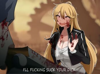 1boy 1girl absurdres amputee blood blood_on_clothes blood_on_face blush breasts commentary defeat emiya_shirou english_commentary english_text fate/stay_night fate/unlimited_blade_works fate_(series) genderswap genderswap_(mtf) gilgamesh_(fate) gilgamesh_(immoral_biker_jacket)_(fate) highres i'll_fucking_suck_your_dick_(meme) kanshou_&amp;_bakuya_(fate) large_breasts long_hair masochism meme multiple_weapons parody planted planted_sword ryona scene_reference shokobr smile spoilers sword the_boys too_many_weapons weapon
