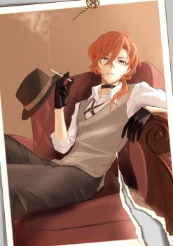 Rule 34 | 1boy, armchair, black choker, black gloves, black pants, blue eyes, bungou stray dogs, chair, choker, collared shirt, cross tie, fedora, gloves, hashtag-only commentary, hat, holding, holding unworn clothes, holding unworn hat, looking at viewer, male focus, nakahara chuuya (bungou stray dogs), orange hair, pants, parted lips, photo (object), shirt, short hair, sitting, solo, theo amenoti80, unworn hat, unworn headwear, vest, waistcoat, white shirt