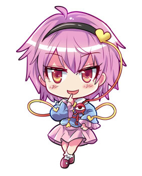 1girl black_hairband blue_shirt blush buttons chibi chibi_only colonel_aki commentary english_commentary eyeball frilled_shirt_collar frilled_sleeves frills hair_ornament hairband heart heart_button heart_hair_ornament komeiji_satori long_sleeves looking_at_viewer mixed-language_commentary open_mouth pink_hair pink_skirt red_eyes red_slippers ribbon-trimmed_collar ribbon_trim shirt simple_background skirt slippers smile socks solo third_eye touhou white_background white_socks wide_sleeves