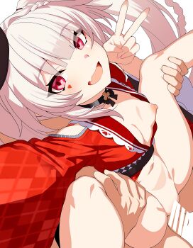 1boy 1girl absurdres bar_censor bilingual_commentary braid breasts censored clothed_female_nude_male clothing_cutout commentary english_commentary facial_mark fang from_above heart heart_facial_mark hetero highres honkai:_star_rail honkai_(series) long_hair long_sleeves m_legs mixed-language_commentary navel nipples nude open_mouth out_of_frame paid_reward_available penis pink_eyes pointless_censoring red_shirt sex sex_from_behind shirt shoulder_cutout simple_background skin_fang small_breasts solo_focus sparkle_(honkai:_star_rail) sparxie_(honkai:_star_rail) spread_legs takashia twintails v vaginal white_background white_hair