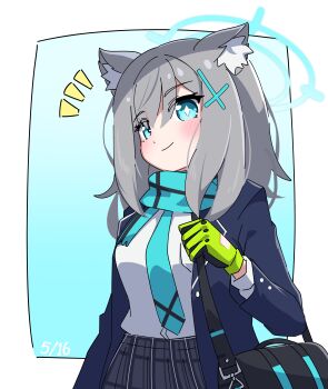 1girl absurdres animal_ear_fluff animal_ears bag black_skirt blue_archive blue_background blue_eyes blue_jacket blue_necktie blue_scarf blush bright_pupils closed_mouth cross_hair_ornament dated gloves green_gloves grey_hair hair_between_eyes hair_ornament halo highres jacket korean_commentary long_sleeves looking_at_viewer medium_hair mismatched_pupils necktie notice_lines ohun open_clothes open_jacket plaid_clothes plaid_skirt pleated_skirt scarf school_bag school_uniform shiroko_(blue_archive) shirt simple_background skirt smile solo two-tone_background white_shirt wolf_ears