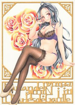 Rule 34 | 1girl, absurdres, arm at side, arm support, armpit crease, black hair, black thighhighs, blush, bra, breasts, closed mouth, commentary request, floral background, flower, forehead, full body, hand on own face, hand up, highres, invisible chair, lace, lace-trimmed thighhighs, lace bra, lace trim, large breasts, lingerie, long hair, looking at viewer, marker (medium), midori (mira567), navel, original, panties, partial commentary, purple bra, purple panties, red eyes, rose, sitting, slippers, smile, solo, stomach, thighhighs, traditional media, underwear, underwear only, white background