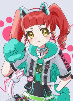 1girl :3 absurdres akagi_anna animal_ear_hairband animal_ears animal_hands blunt_bangs cat_ear_hairband cat_ears cat_paws cowboy_shot curly_sidelocks drill_hair fake_animal_ears hairband highres idol_clothes kiratto_pri_chan looking_at_viewer madori_(1ldkplanet) pretty_series red_hair smile solo twintails yellow_eyes