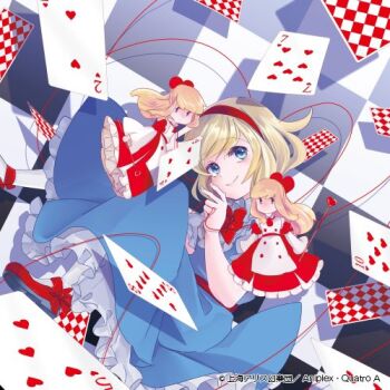 1girl album_cover alice_margatroid apron blonde_hair blue_dress blue_eyes bow buttons card checkered_background closed_mouth collar commentary_request cover dress eyelashes fingernails footwear_bow frilled_collar frilled_dress frilled_sleeves frills hair_bow hairband hanada_hyou heart holding holding_staff holding_string layered_sleeves long_dress long_hair long_sleeves lowres mary_janes official_art playing_card puffy_short_sleeves puffy_sleeves red_bow red_dress red_hairband red_sash red_shoes red_sleeves sash shanghai_doll shirt shoes short_hair short_over_long_sleeves short_sleeves sidelocks sleeveless sleeveless_dress smile socks staff string touhou touhou_cannonball white_apron white_shirt white_sleeves white_socks wide_sleeves