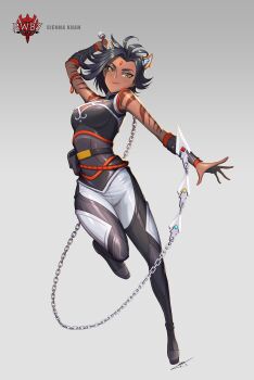 1girl animal_ears black_hair black_shirt chain chain_whip character_name closed_mouth commentary copyright_logo copyright_name dark-skinned_female dark_skin ear_piercing english_commentary eyelashes full_body grey_background highres holding holding_whip logo official_art pants piercing rooster_teeth rwby shirt short_hair sienna_khan signature simple_background sleeveless sleeveless_shirt smile solo tiger_ears tiger_girl tiger_stripes uyalago weapon whip yellow_eyes