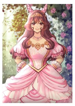 1girl animal_ears arch b9pqpy border breasts brown_hair commentary_request cowboy_shot dress ear_covers eyelashes floral_arch flower frilled_dress frills gentildonna_(la_dama_perfetta)_(umamusume) gentildonna_(umamusume) gloves gold_tiara gold_trim hands_on_own_hips highres horse_ears horse_girl jewelry large_breasts leaf long_hair necklace official_alternate_costume open_mouth pearl_necklace pink_dress pink_flower plant puffy_short_sleeves puffy_sleeves short_sleeves smile solo standing teeth tiara umamusume v-shaped_eyebrows watermark white_border white_gloves