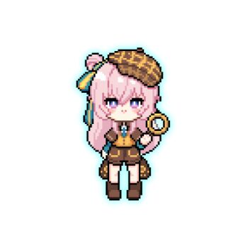 1girl alternate_costume animated animated_png artist_request blue_sleeves bouncing bow brown_capelet brown_hat brown_shoes brown_shorts capelet deerstalker green_bow hair_between_eyes hair_bow hair_bun hand_up hat holding holding_magnifying_glass jumping long_hair long_sleeves looking_at_viewer lowres magnifying_glass official_art orange_shirt outline pink_hair punishing:_gray_raven shirt shoes shorts sidelocks solo standing straight-on teddy:_spectre_(pgr) teddy_(pgr)