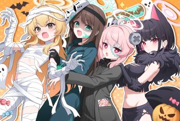 Rule 34 | 4girls, absurdres, ahoge, airi (blue archive), airi (halloween) (blue archive), animal ears, bandages, bat (animal), black hair, blonde hair, blue archive, candy, chelly (glisten chelly), food, ghost, halloween, halo, highres, kazusa (blue archive), kazusa (halloween) (blue archive), lollipop, multiple girls, natsu (blue archive), natsu (halloween) (blue archive), orange background, pink hair, pumpkin, werewolf costume, yoshimi (blue archive), yoshimi (halloween) (blue archive)