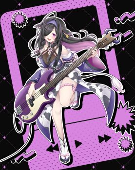 1girl absurdres ahoge animal_ears animal_print bare_shoulders bass_guitar belt_collar black_background black_collar black_hair black_sandals blush braid breasts cleavage_cutout clothing_cutout collar colored_inner_hair cow_ears cow_girl cow_print cow_tail detached_sleeves ear_tag full_body hair_over_one_eye hairband highres holding holding_bass_guitar holding_instrument instrument japanese_clothes kimono knee_up large_breasts leaning_forward long_hair long_sleeves looking_ahead mole mole_under_eye multicolored_hair music nijisanji obi obijime okobo one_eye_covered open_mouth outline parted_bangs pink_ribbon piyopiyomaru_(piyo8823) platform_sandals playing_bass_guitar playing_instrument print_kimono purple_background purple_eyes purple_hair purple_hairband purple_sleeves ribbon ribbon-trimmed_sleeves ribbon_trim sandals sash see-through_cleavage see-through_clothes side_braid side_slit sidelocks single_braid smile socks solo standing standing_on_one_leg streaked_hair tabi tail tassel thigh_strap virtual_youtuber white_outline white_socks wide_sleeves yagyu_shino