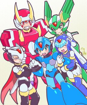 Rule 34 | 1girl, 4boys, arm hug, armor, blue armor, blue helmet, blush, closed eyes, cowboy shot, eye mask, facial mark, fairy leviathan (mega man), fighting fefnir (mega man), forehead jewel, green armor, green eyes, green helmet, group picture, halftone, halftone background, helmet, hidden phantom (mega man), highres, in-franchise crossover, mask, mechanical wings, mega man (series), mega man x (series), mega man zero (series), multiple boys, nervous smile, ninja, no-rishio, purple armor, purple helmet, red armor, red eyes, red helmet, sage harpuia (mega man), shoulder armor, smile, teeth, time paradox, upper teeth only, wings, x (mega man)