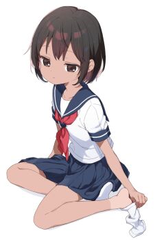 1girl black_eyes black_hair blue_sailor_collar blue_skirt buchi_(y0u0ri_) closed_mouth expressionless feet flat_chest full_body highres neckerchief original red_neckerchief removing_sock sailor_collar school_uniform serafuku shirt short_hair short_sleeves simple_background sitting skirt socks solo tan tanline white_background white_shirt white_socks