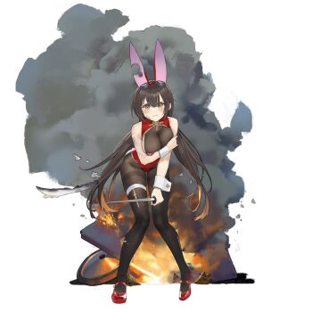1girl animal_ears bare_shoulders black_pantyhose blush bodystocking breasts brown_eyes brown_hair burning cancer_(zjcconan) cleavage closed_mouth collar covering_breasts covering_privates dagger destruction detached_collar fake_animal_ears fire food food_on_floor frown full_body girls'_frontline goggles goggles_on_head hair_tie high_heels highres holding holding_dagger holding_knife holding_weapon knife large_breasts leotard long_hair looking_at_viewer low_twintails notched_ear official_alternate_costume official_art pantyhose playboy_bunny rabbit_ears red_collar red_leotard red_shoes revision shoes simple_background skindentation sleeveless_bodystocking slouching smoke solo standing tearing_up thigh_strap third-party_source torn_clothes torn_pantyhose transparent_background twintails type_56-1_(baileys_with_zongzi)_(girls'_frontline) type_56-1_(girls'_frontline) v-shaped_eyebrows vending_cart very_long_hair weapon white_wrist_cuffs wrist_cuffs zongzi