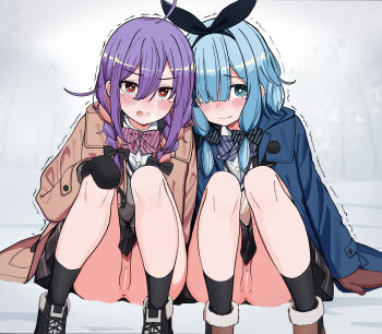 2girls absurdres anus aqua_eyes aqua_pupils arm_support bar_censor black_boots black_bow black_hairband black_mittens black_socks blue_coat blue_hair blush boots bow bow_hairband bowtie braid braided_twintails bright_pupils brown_boots brown_coat censored coat commentary_request diagonal-striped_bow diagonal-striped_bowtie diagonal-striped_clothes eyebrows_hidden_by_hair female_pubic_hair grey_skirt hair_bow hair_over_one_eye hair_over_shoulder hairband hand_on_own_knee highres knees_up long_bangs long_hair long_sleeves looking_at_viewer miniskirt mittens multicolored_hair multiple_girls no_panties one_eye_covered open_clothes open_coat open_mouth original plaid_clothes plaid_skirt pleated_skirt pubic_hair purple_bow purple_bowtie purple_hair pussy raised_inner_eyebrows red_eyes red_mittens school_uniform sitting skirt socks sparse_pubic_hair striped_bow striped_bowtie striped_clothes tearing_up twintails urushiushiru variant_set winter_clothes winter_coat