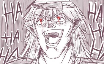 Rule 34 | 1other, androgynous, brown headband, crazy laugh, death note, god of the new world, greyscale, headband, highres, laughing, len'en, long hair, monochrome, obata takeshi (style), open mouth, other focus, parody, pointy ears, portrait, red eyes, shlipon, smile, solo, taira no fumikado, teeth, very long hair