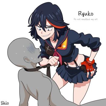1boy 1girl assertive_female black_hair blue_eyes breasts clothes_grab fingerless_gloves gloves grin hair_between_eyes highres kill_la_kill large_breasts looking_at_another matoi_ryuuko medium_hair multicolored_hair navel necktie necktie_grab neckwear_grab red_gloves red_hair school_uniform shio_(zsp1jqohfr12495) short_hair skirt smile streaked_hair suspenders sweat teeth two-tone_hair
