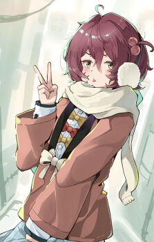 1girl absurdres aokaly blush bow brown_coat brown_hair coat earmuffs hair_bobbles hair_ornament highres komari_chika long_sleeves make_heroine_ga_oo_sugiru! red_bow scarf school_uniform short_hair standing tongue tongue_out v yellow_bow yellow_eyes